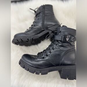 Guess Black Stud-Trim Combat Boots with Ankle Strap